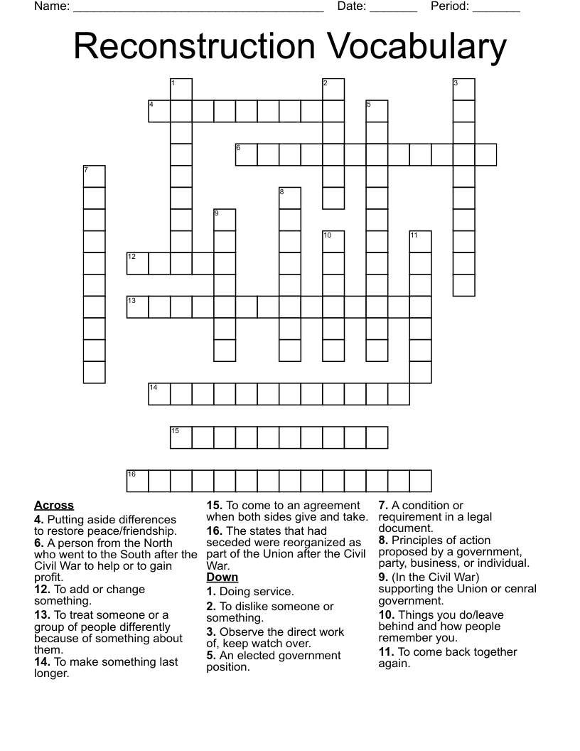 Reconstruction Vocabulary Crossword