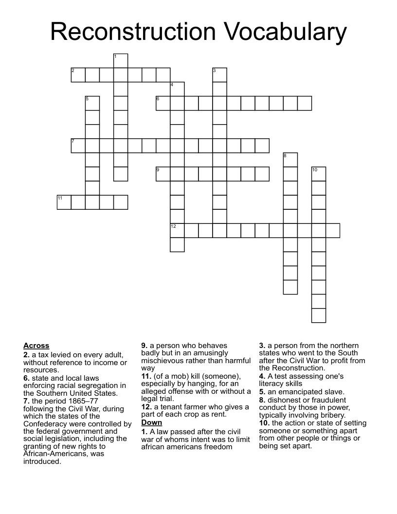 Reconstruction Vocabulary Crossword