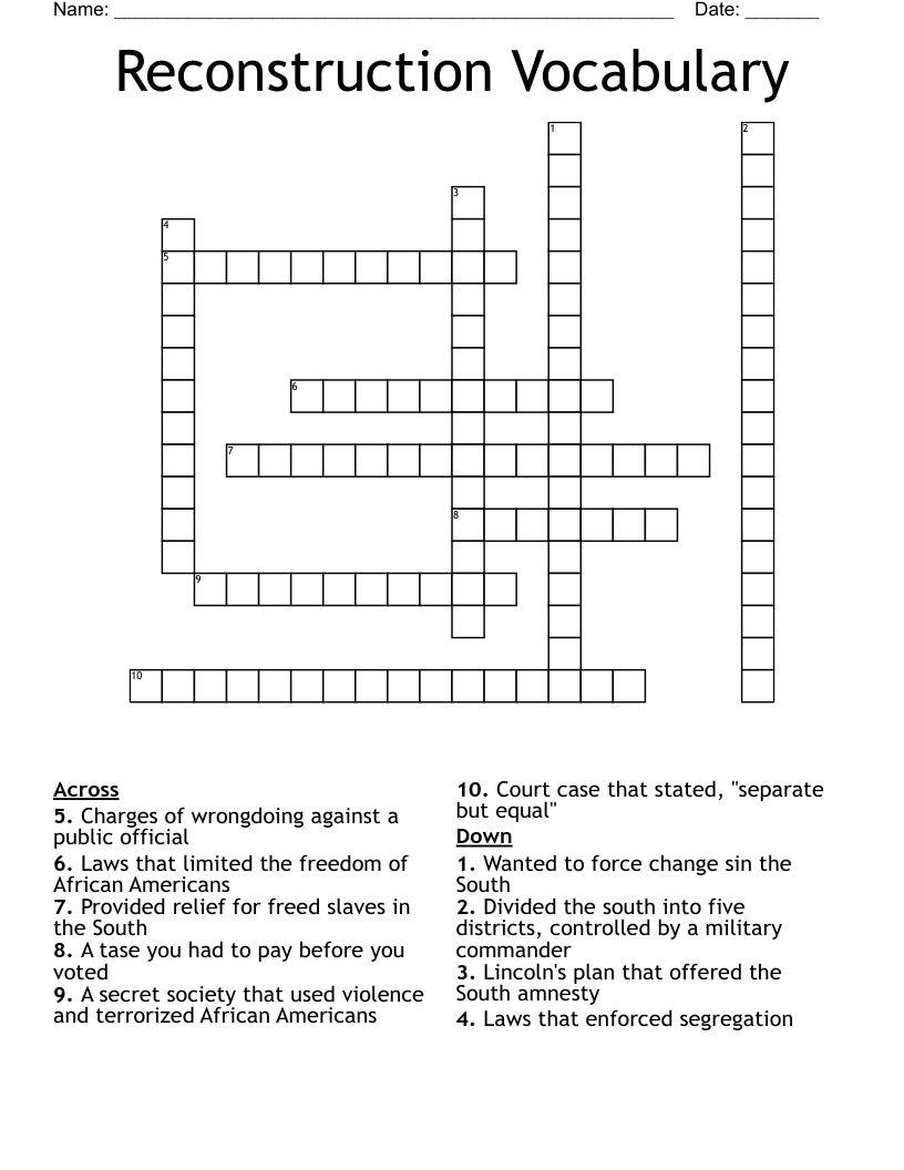 Reconstruction Vocabulary Crossword