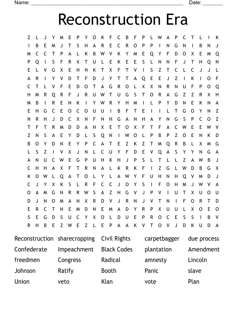 Reconstruction  Era Word Search