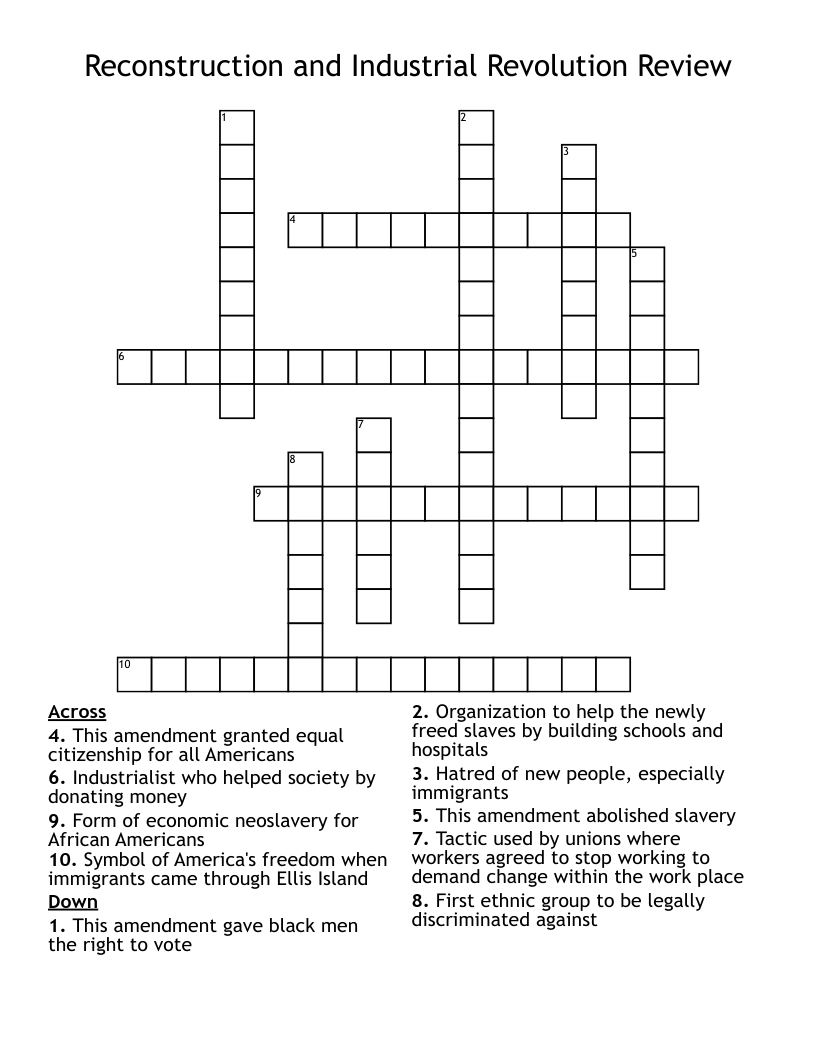 Reconstruction and Industrial Revolution Review Crossword