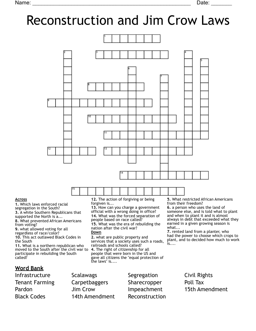 Reconstruction and Jim Crow Laws Crossword