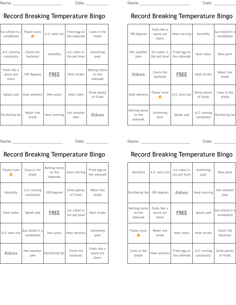 Record Breaking Temperature Bingo