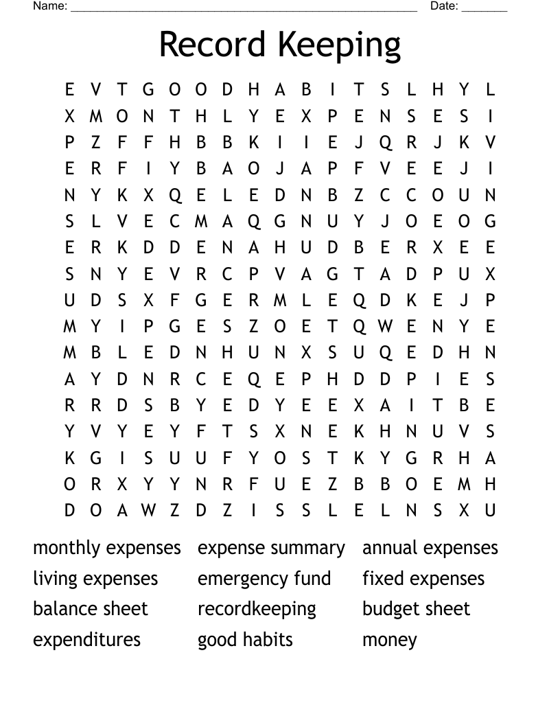 Record Keeping Word Search
