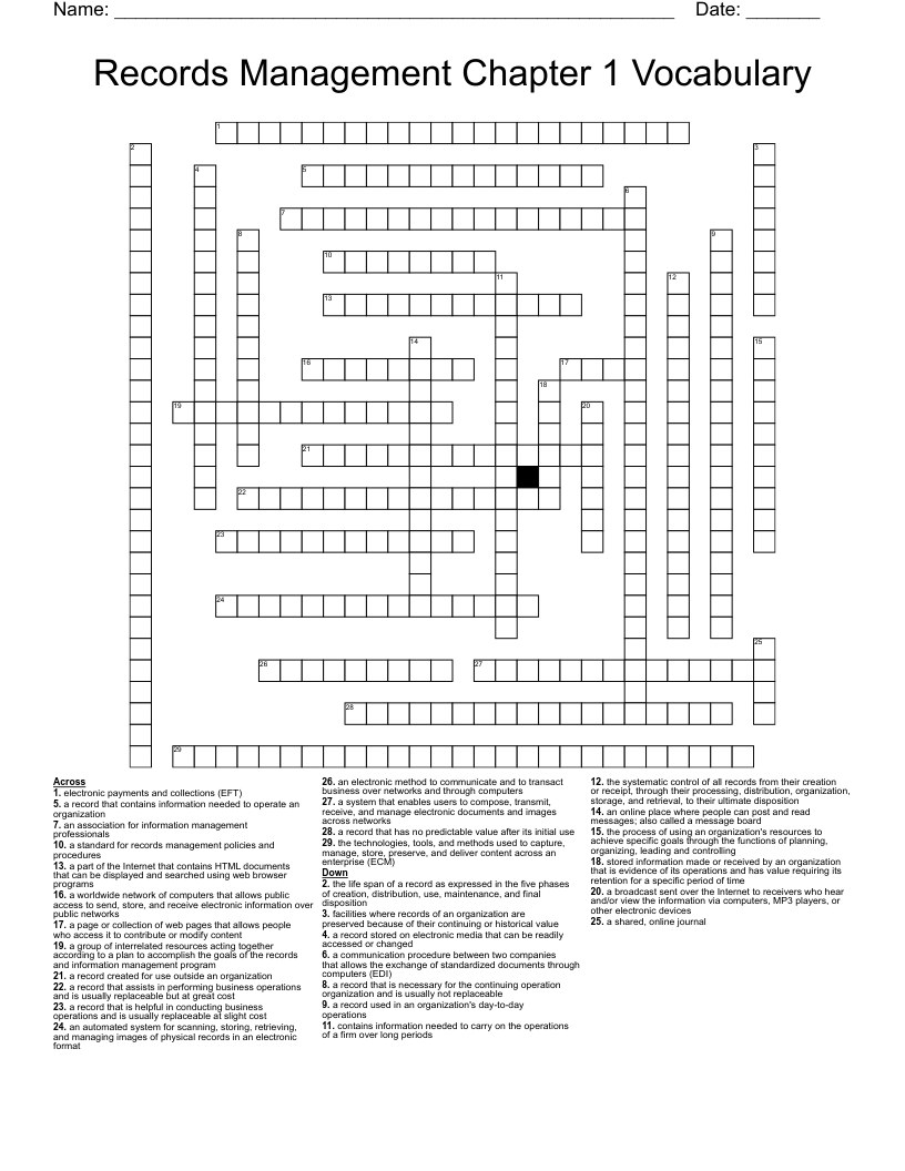 Records Management Chapter 1 Vocabulary Crossword
