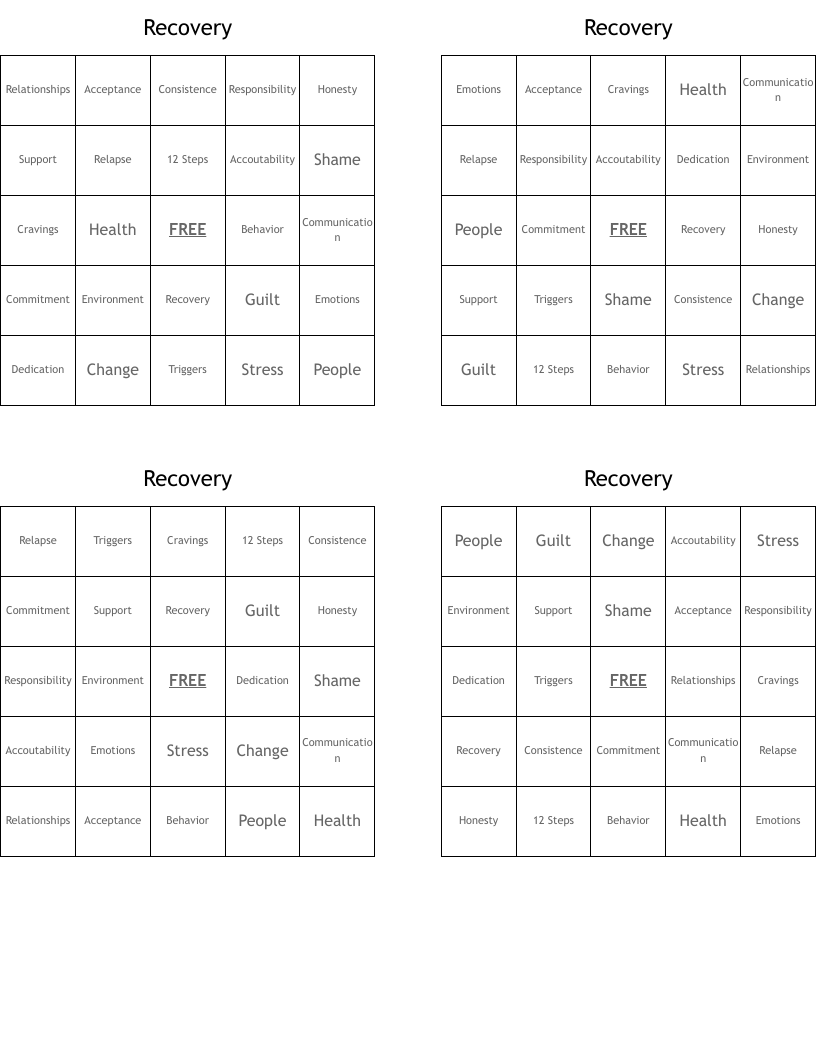 Recovery Bingo Cards