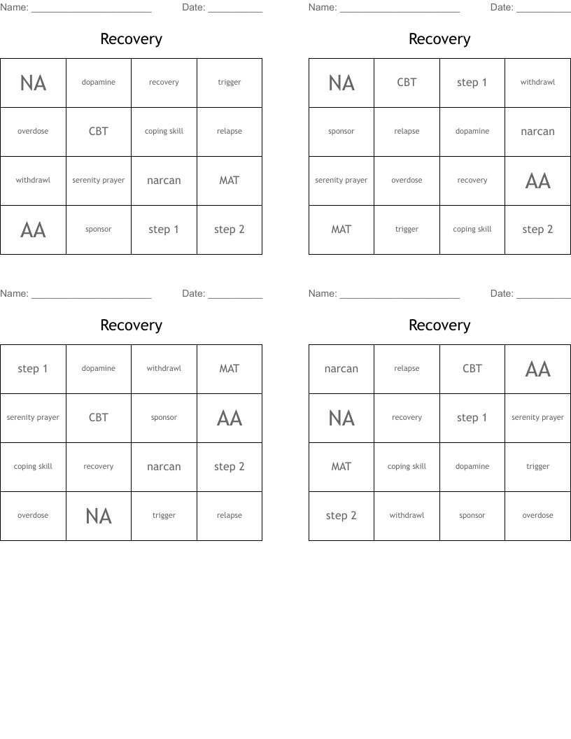 Recovery Bingo Cards