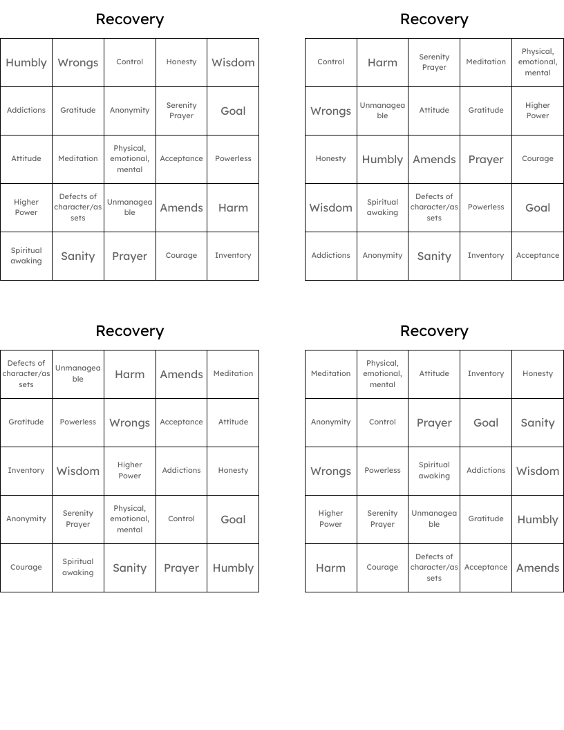 Recovery Bingo Cards