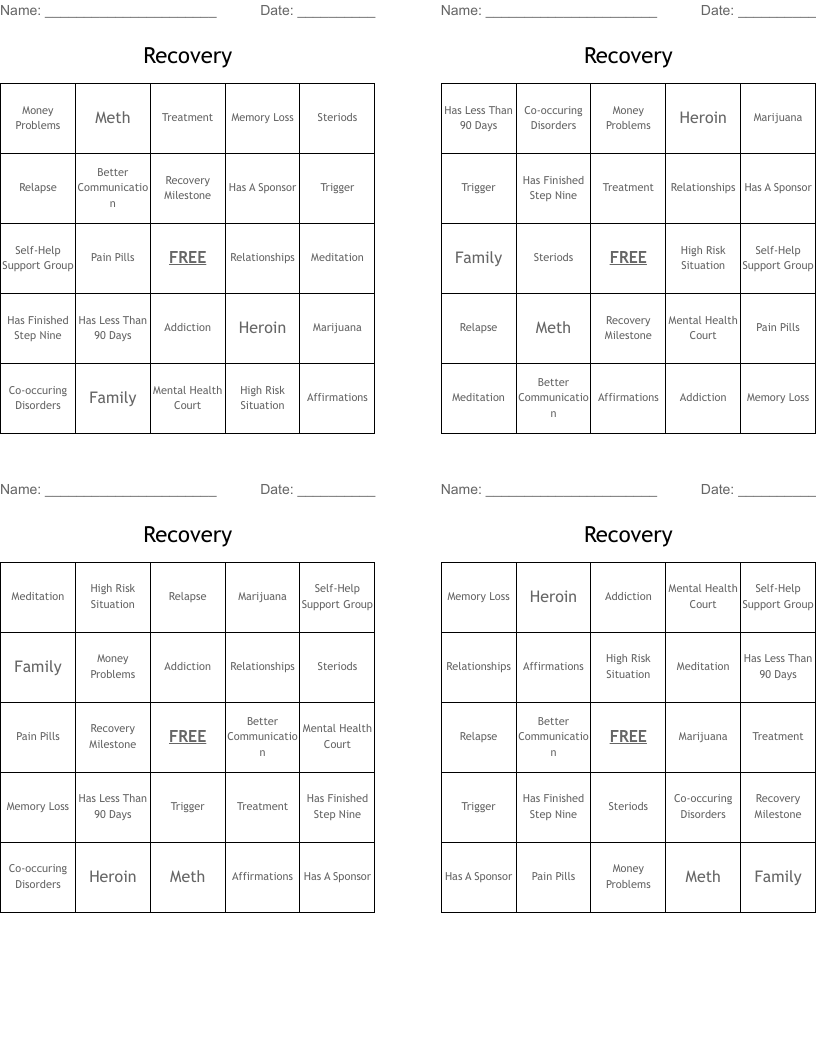 Recovery Bingo Cards