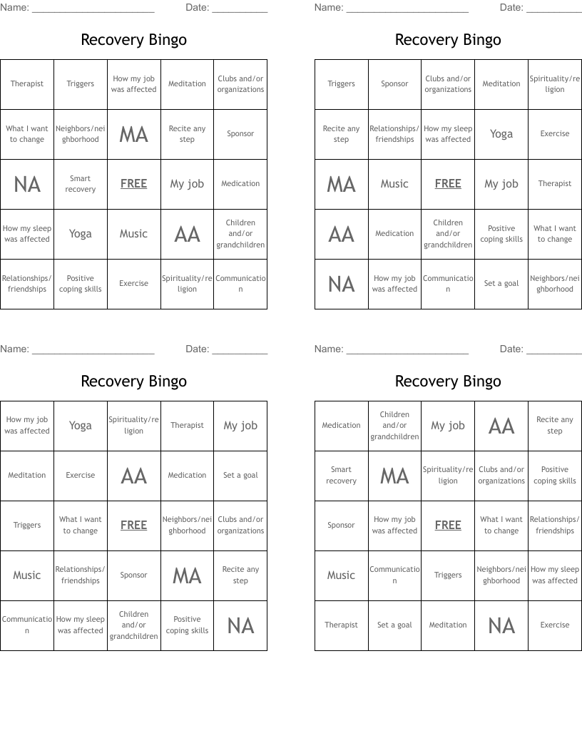 Recovery Bingo