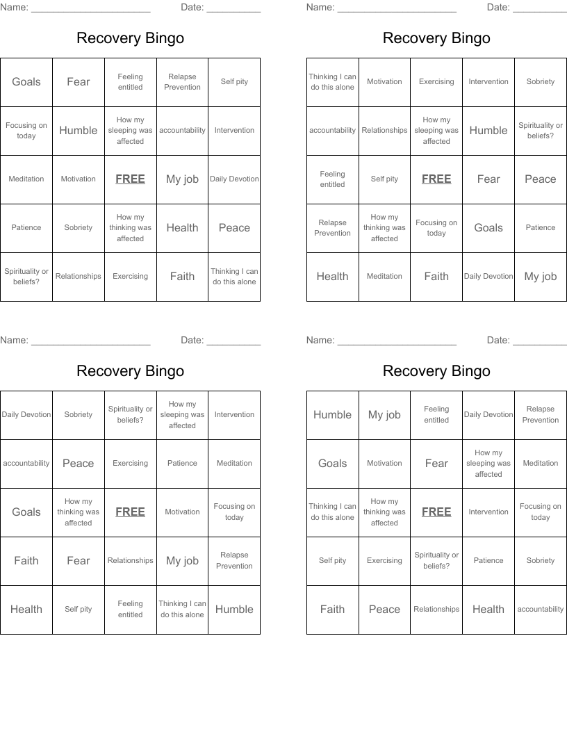 Recovery Bingo