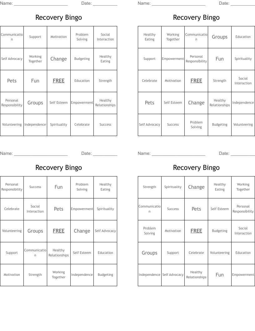 Recovery Bingo