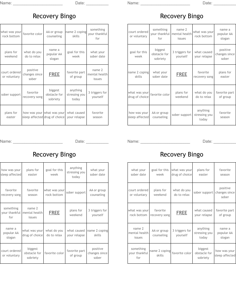 Recovery Bingo