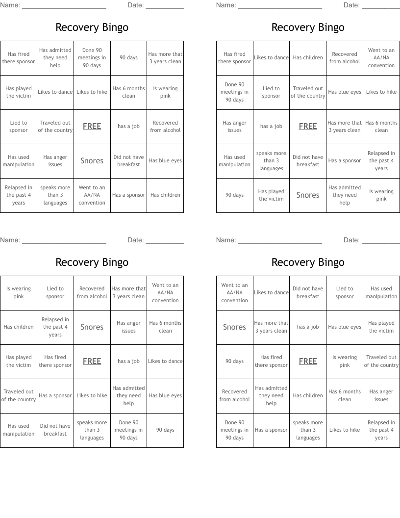 Recovery Bingo