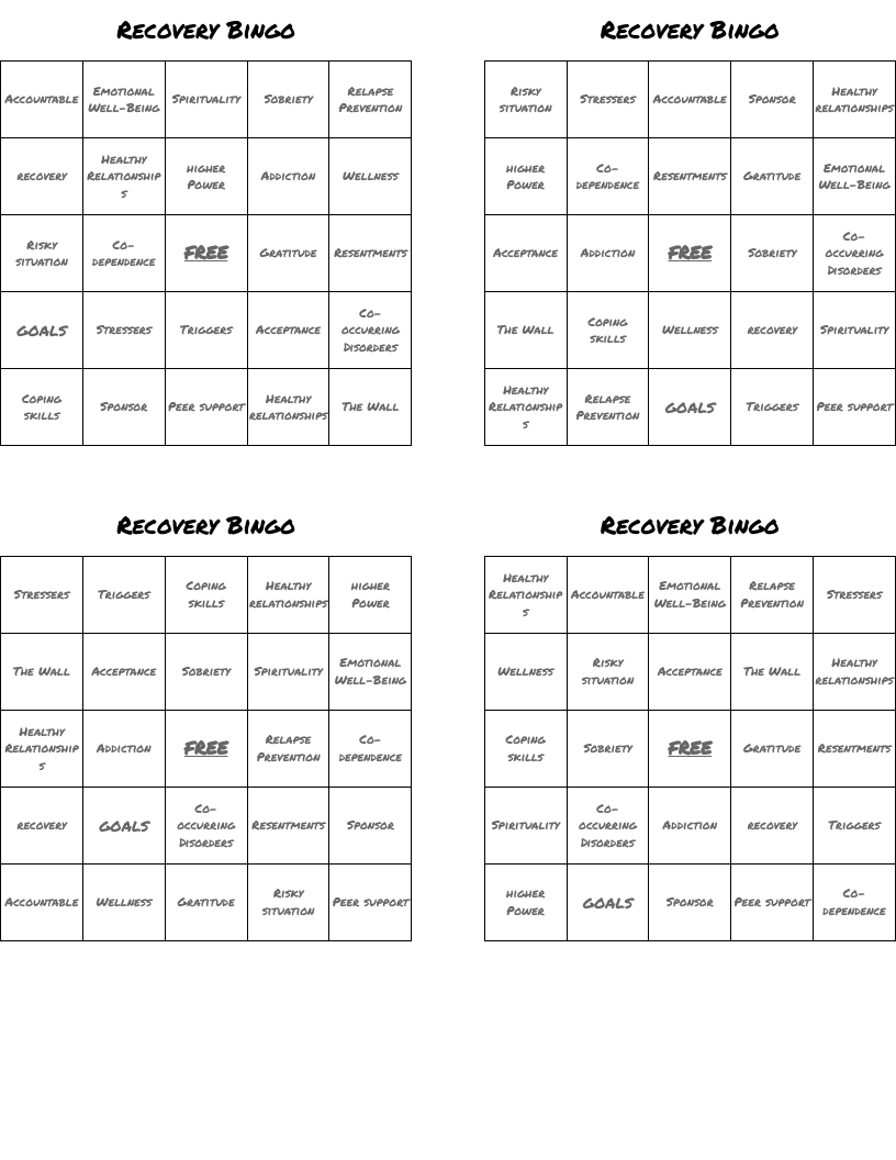 Recovery Bingo