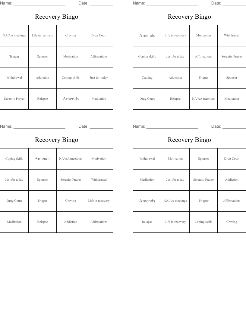 Recovery Bingo