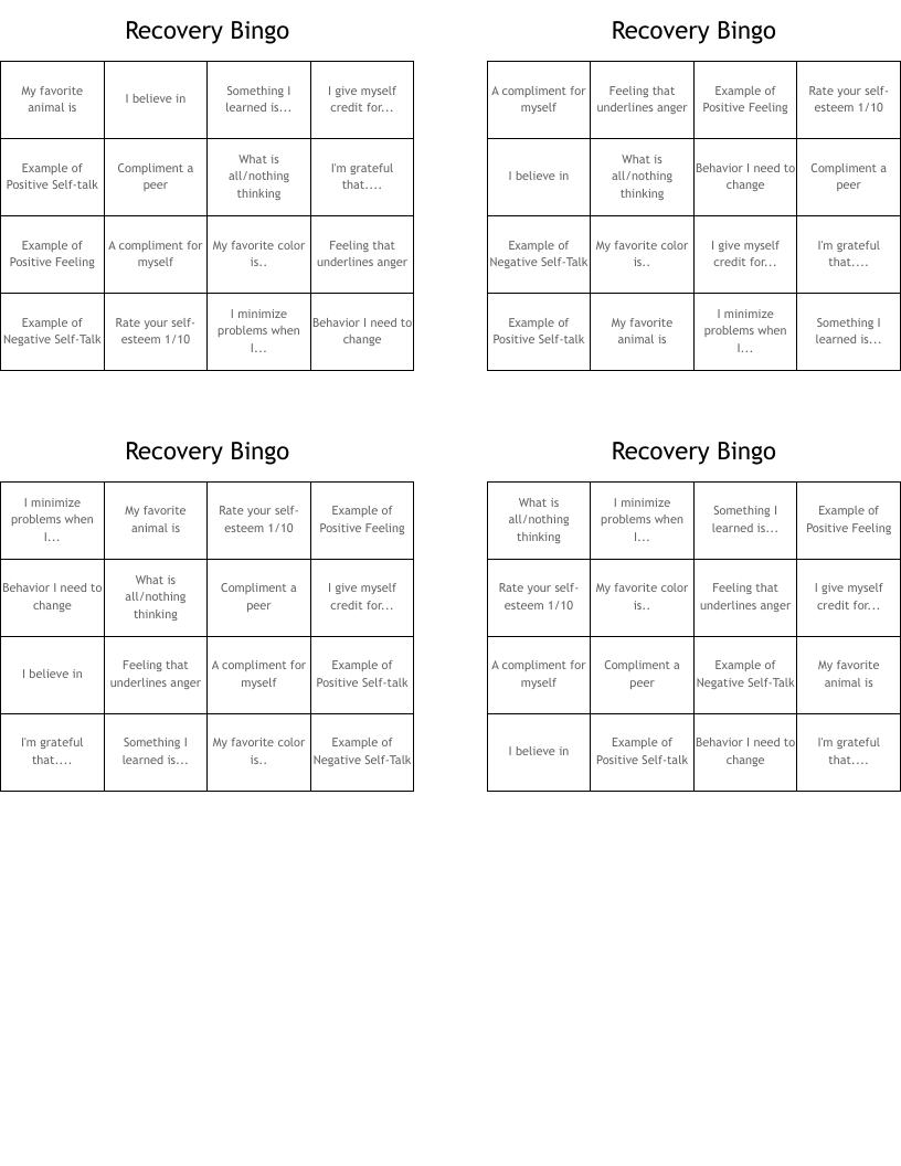Recovery Bingo