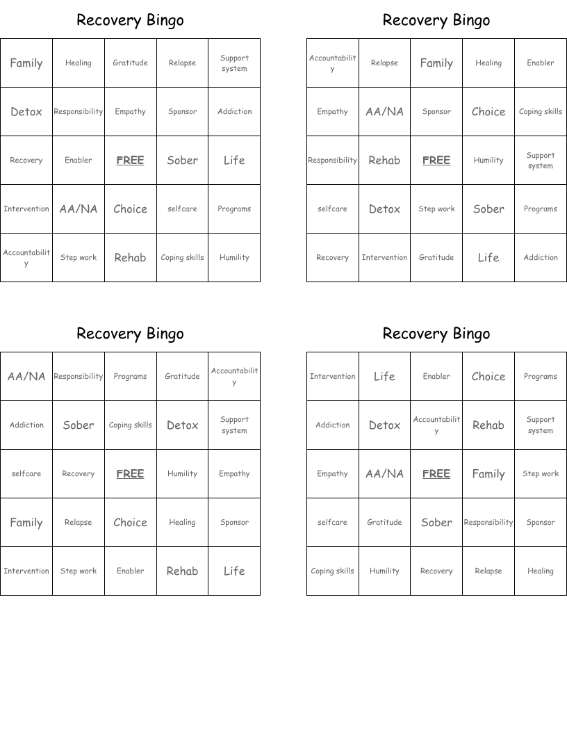 Recovery Bingo