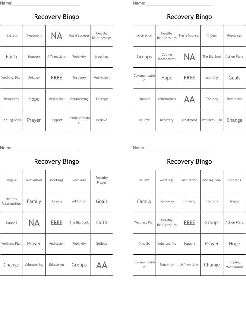 Recovery Bingo