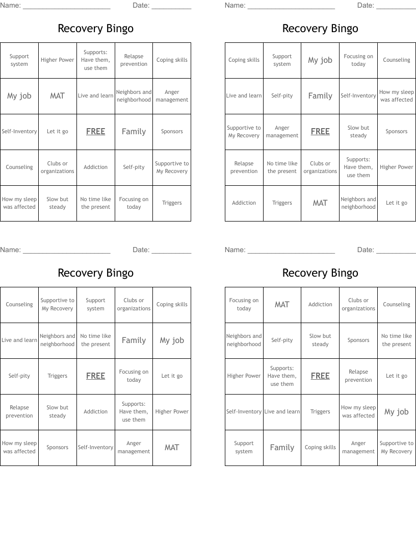 Recovery Bingo