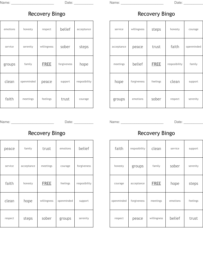 Recovery Bingo