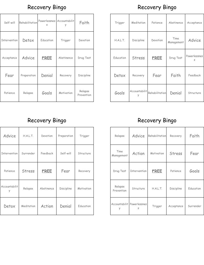 Recovery Bingo