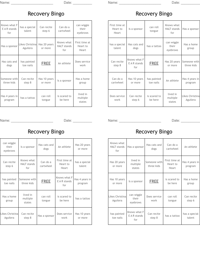 Recovery Bingo