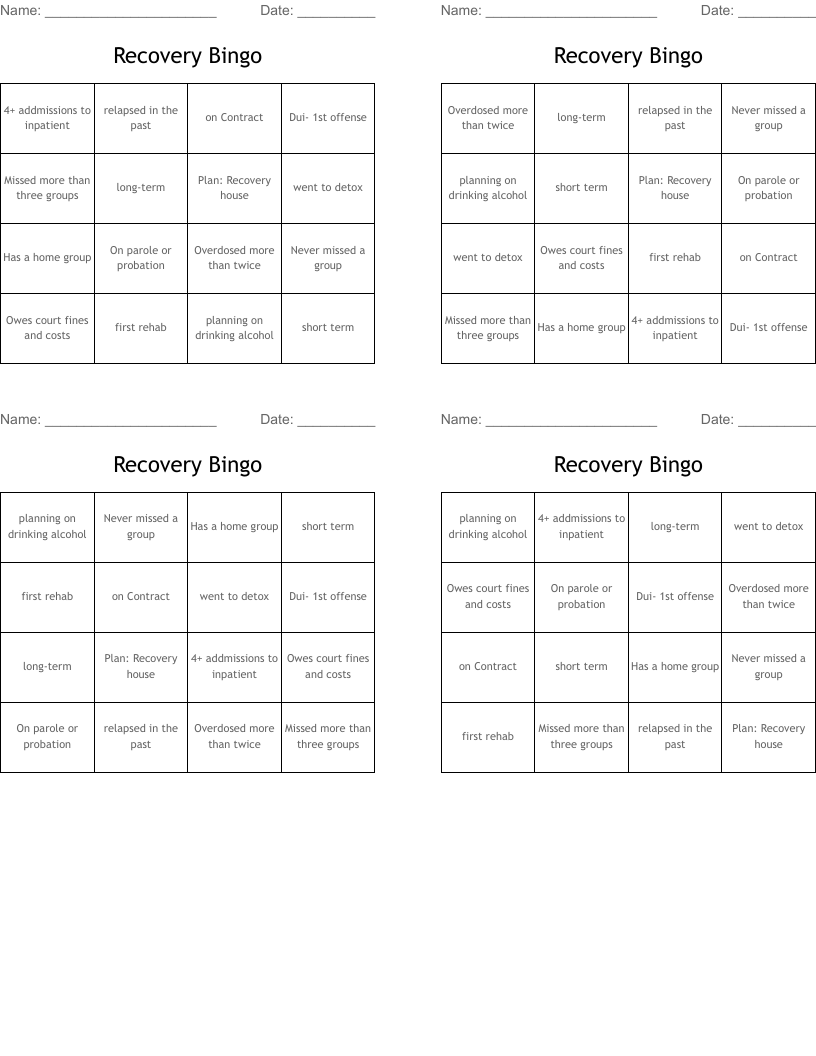 Recovery Bingo 