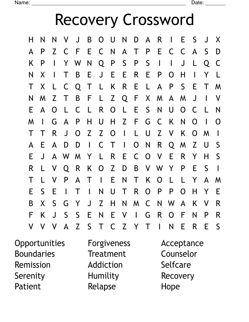 Recovery Crossword  Word Search