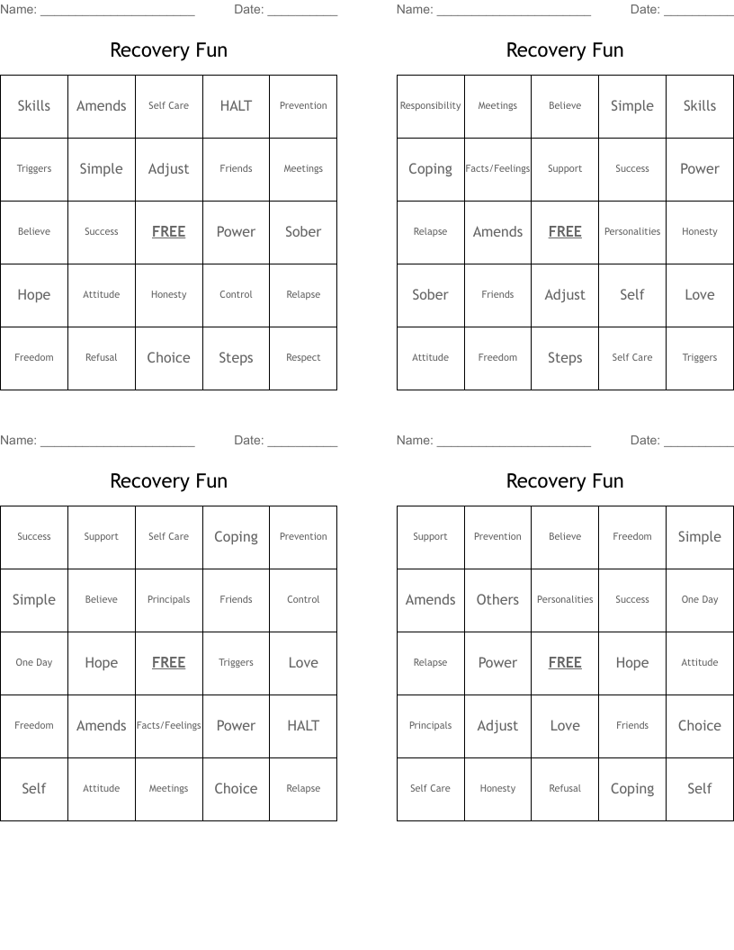 Recovery Fun Bingo Cards