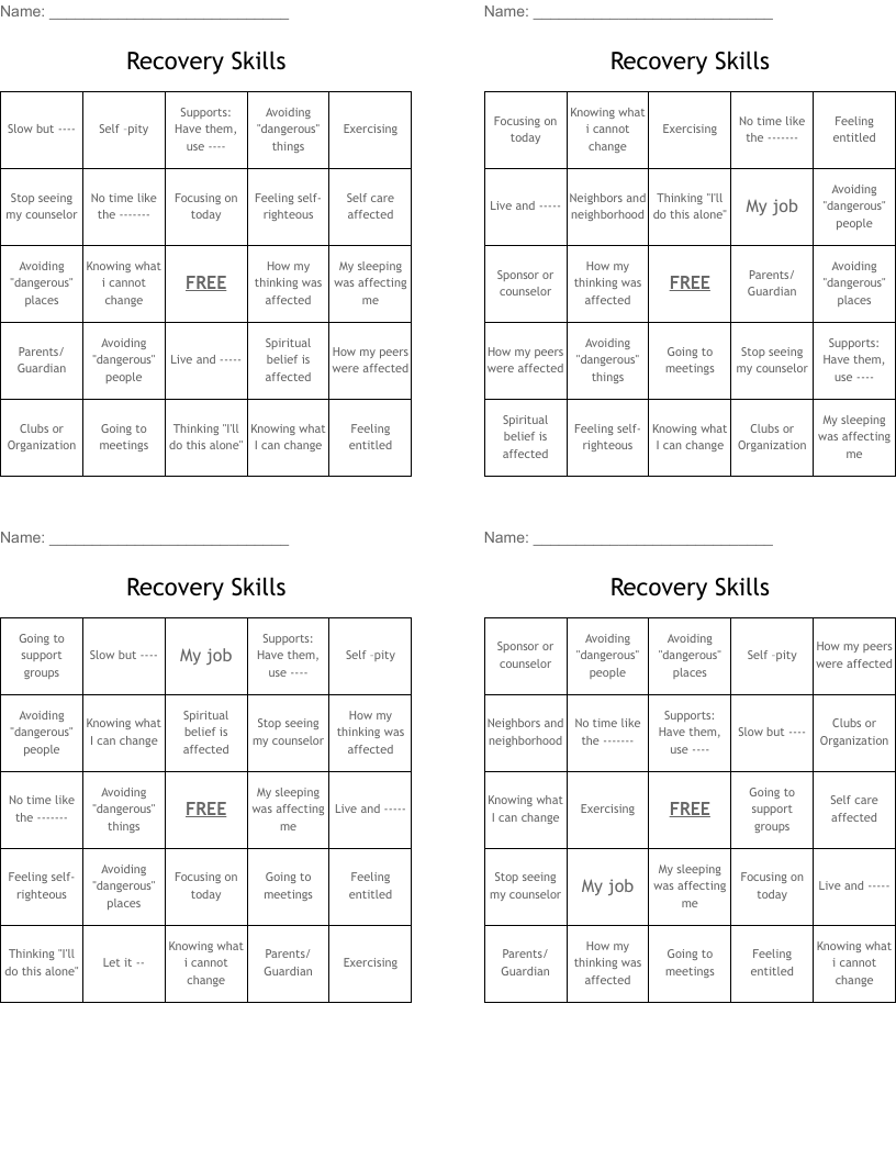 Recovery Skills  Bingo Cards