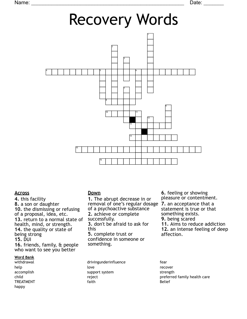 Recovery Words Crossword