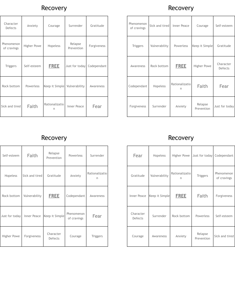 Recovery  Bingo Cards