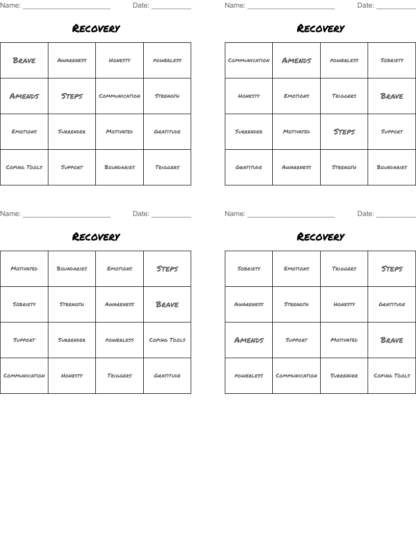 Recovery  Bingo Cards