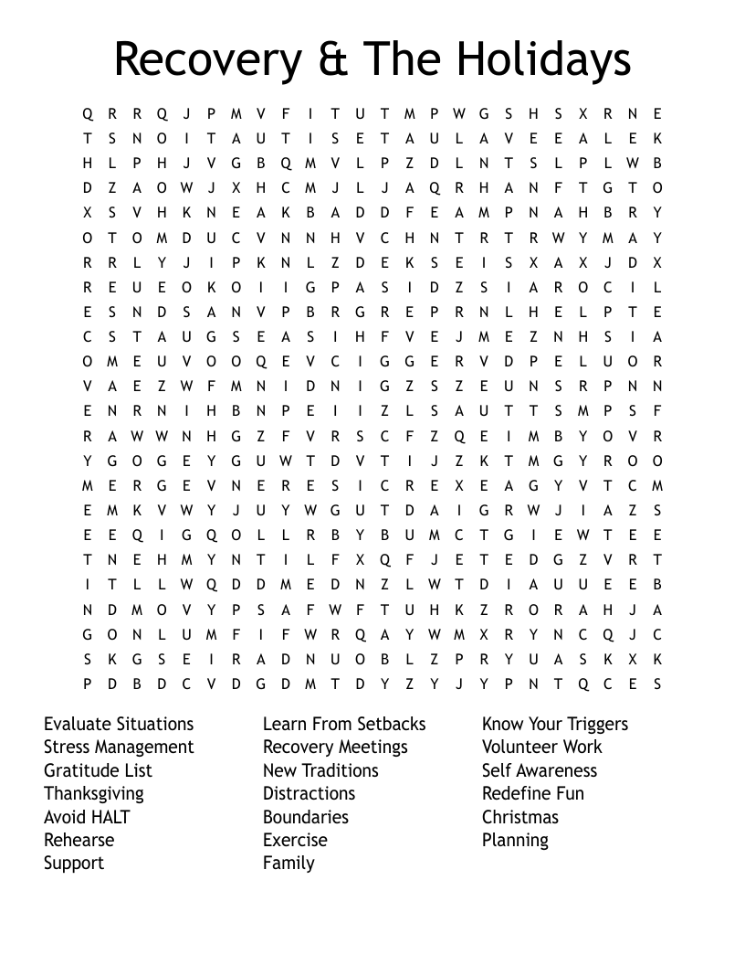Recovery & The Holidays Word Search