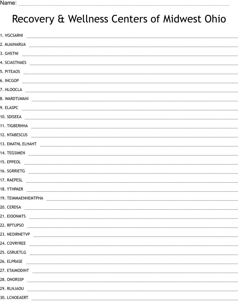 Recovery & Wellness Centers of Midwest Ohio Word Scramble