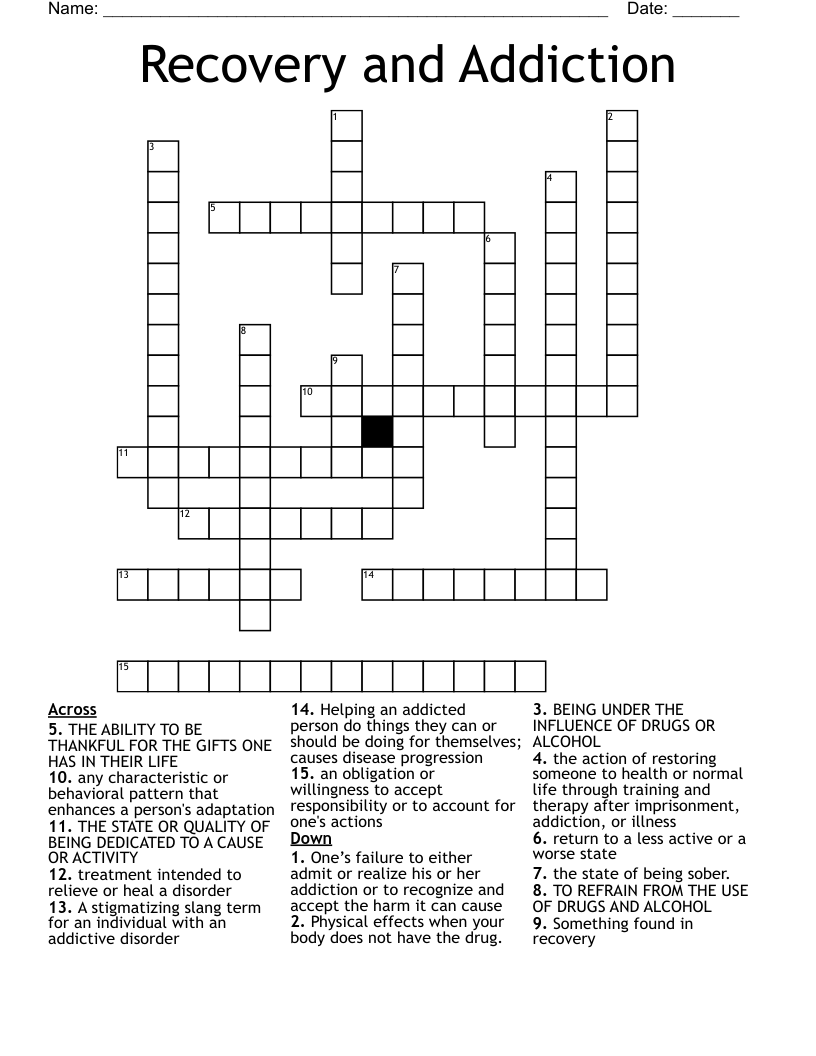 Recovery  and Addiction Crossword