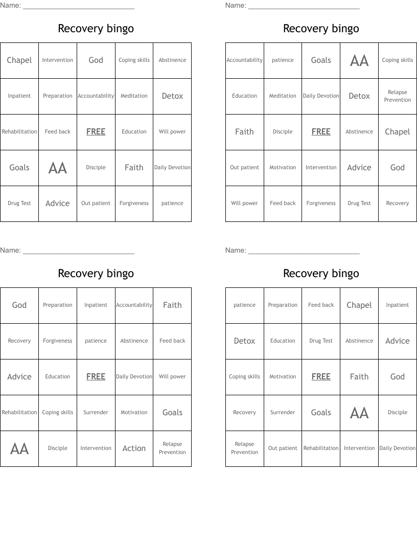 Recovery bingo