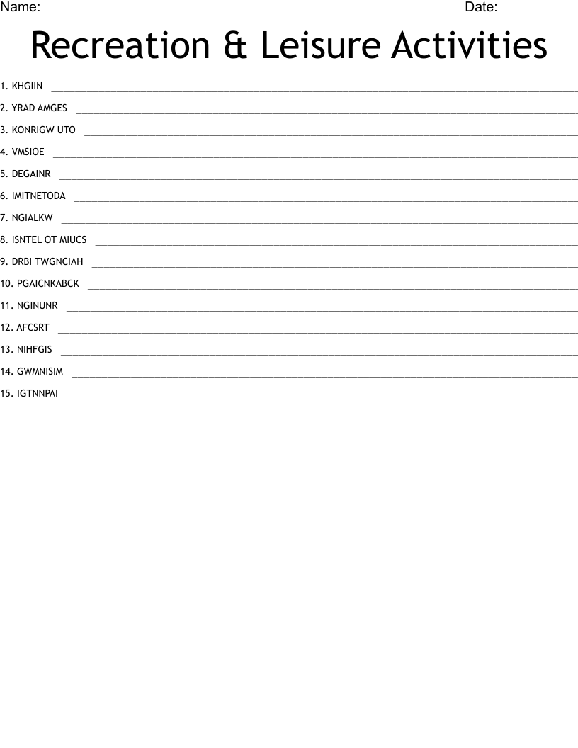 Recreation & Leisure Activities Word Scramble