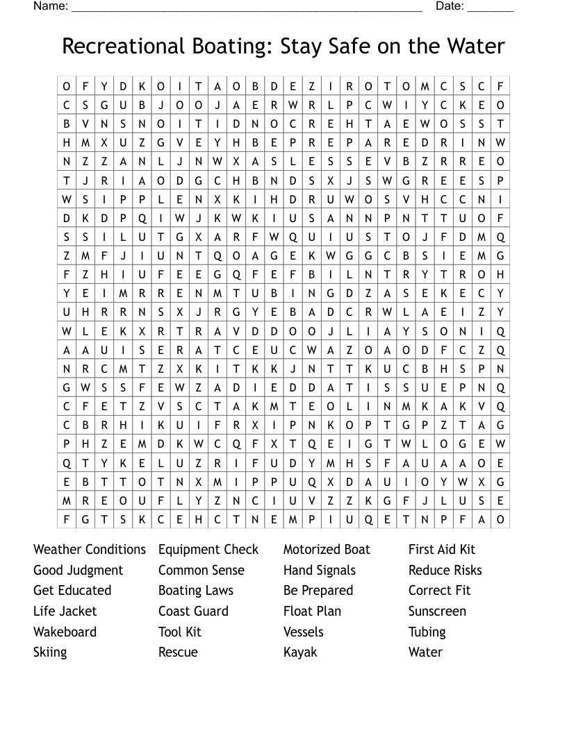 Recreational Boating:  Stay Safe on the Water Word Search