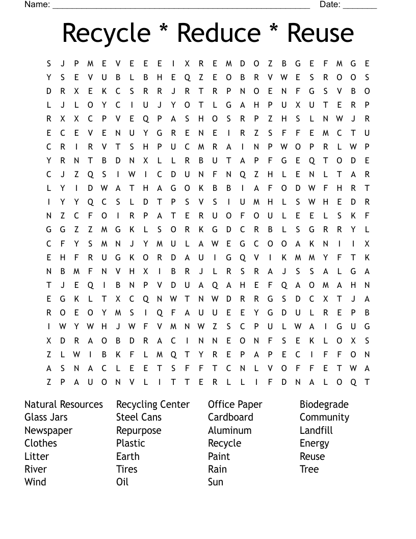 Recycle * Reduce * Reuse Word Search