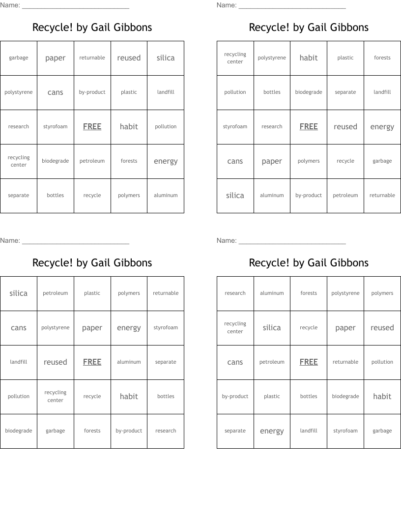 Recycle! by Gail Gibbons Bingo Cards