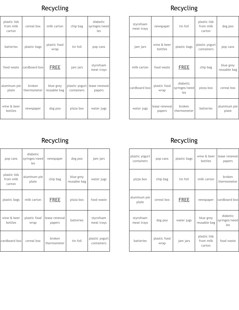 Recycling Bingo Cards