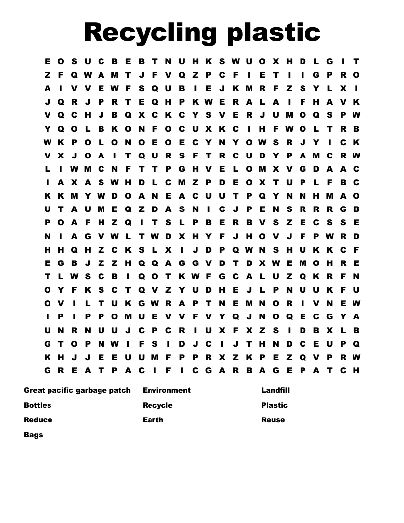 Recycling plastic  Word Search