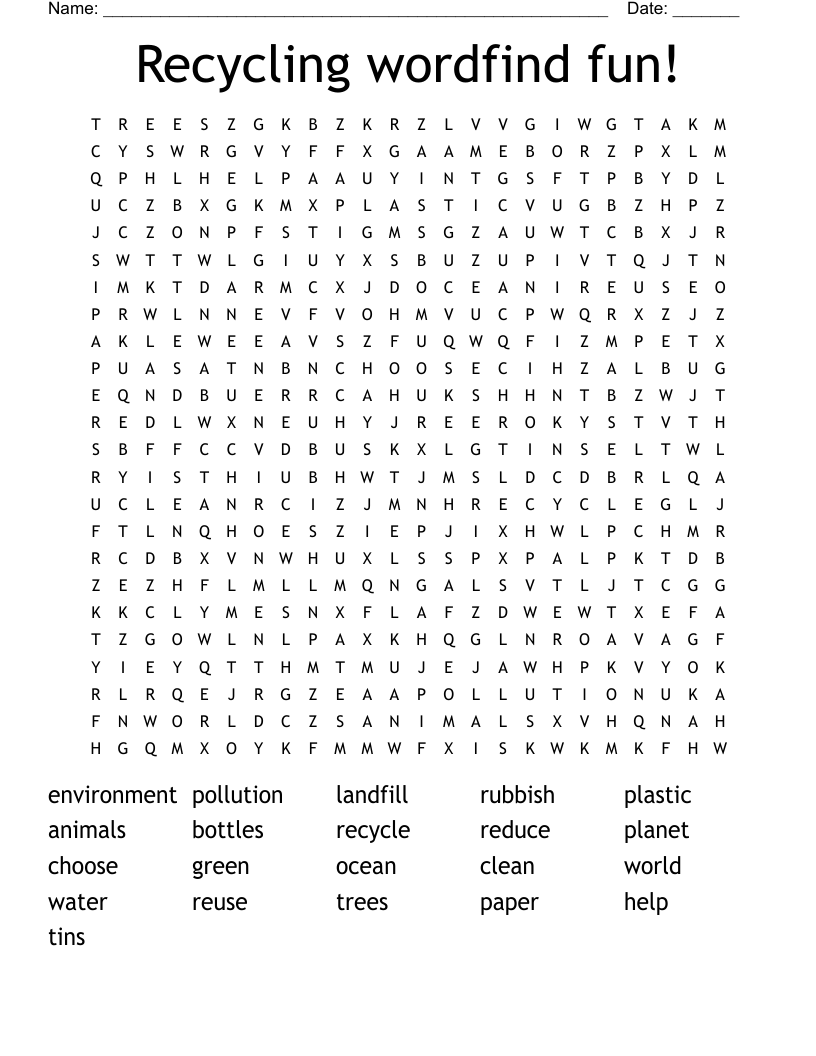 Recycling wordfind fun!  Word Search