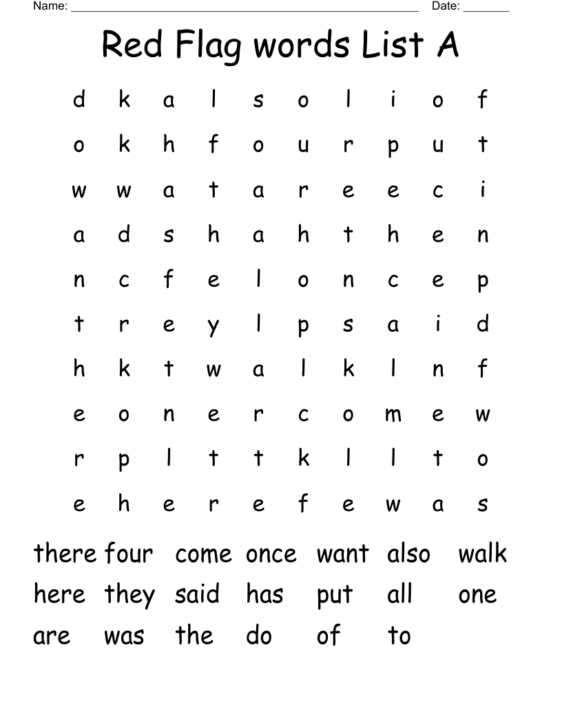 Red Flag words List A Word Search