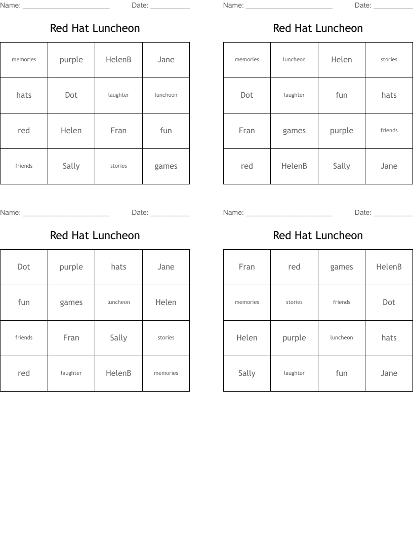 Red Hat Luncheon Bingo Cards