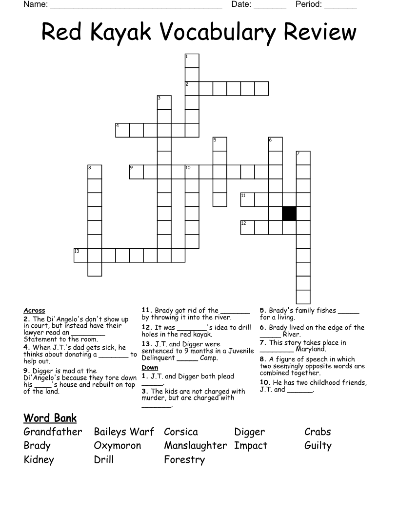 Red Kayak Vocabulary Review Crossword