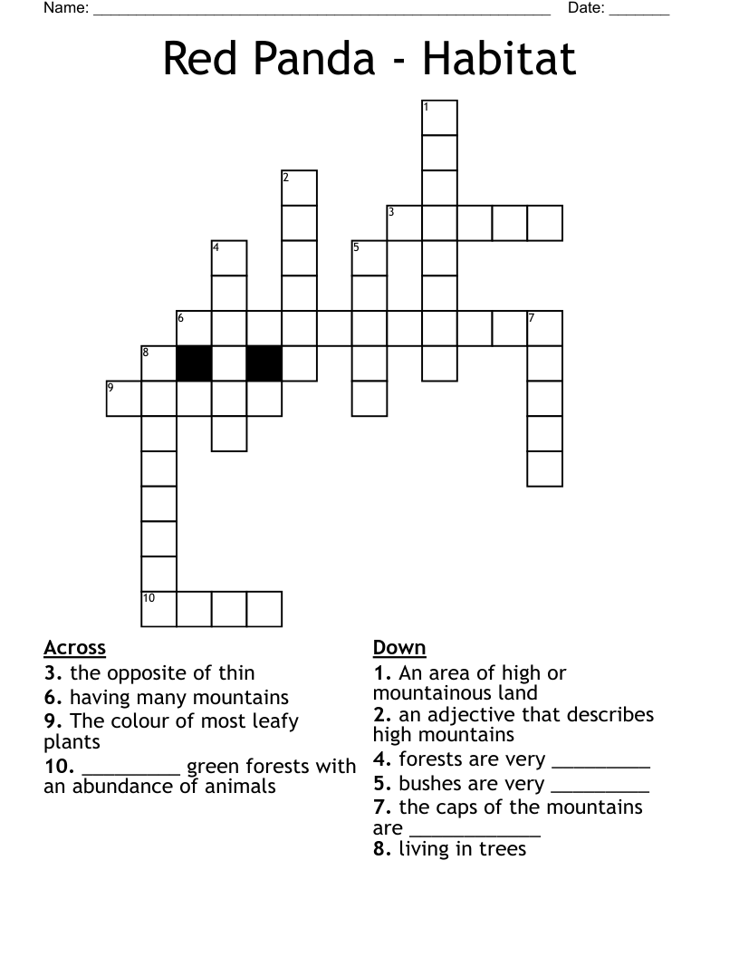 Red Panda - Habitat Crossword