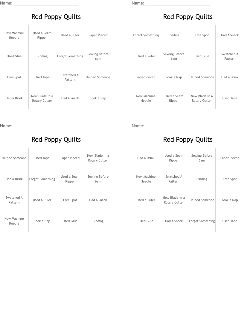 Red Poppy Quilts Bingo Cards